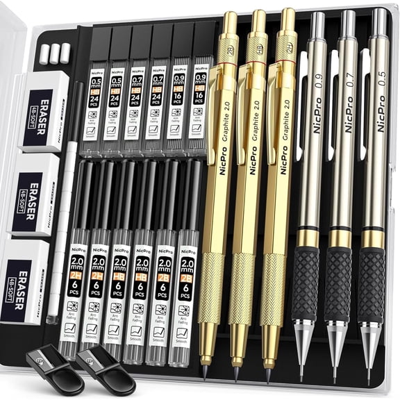 Nicpro Gold Art Mechanical Pencil Set, Metal Drafting Pencil 0.5, 0.7, 0.9mm & 2mm Lead Holder(2B HB 2H) with Lead Refills Case