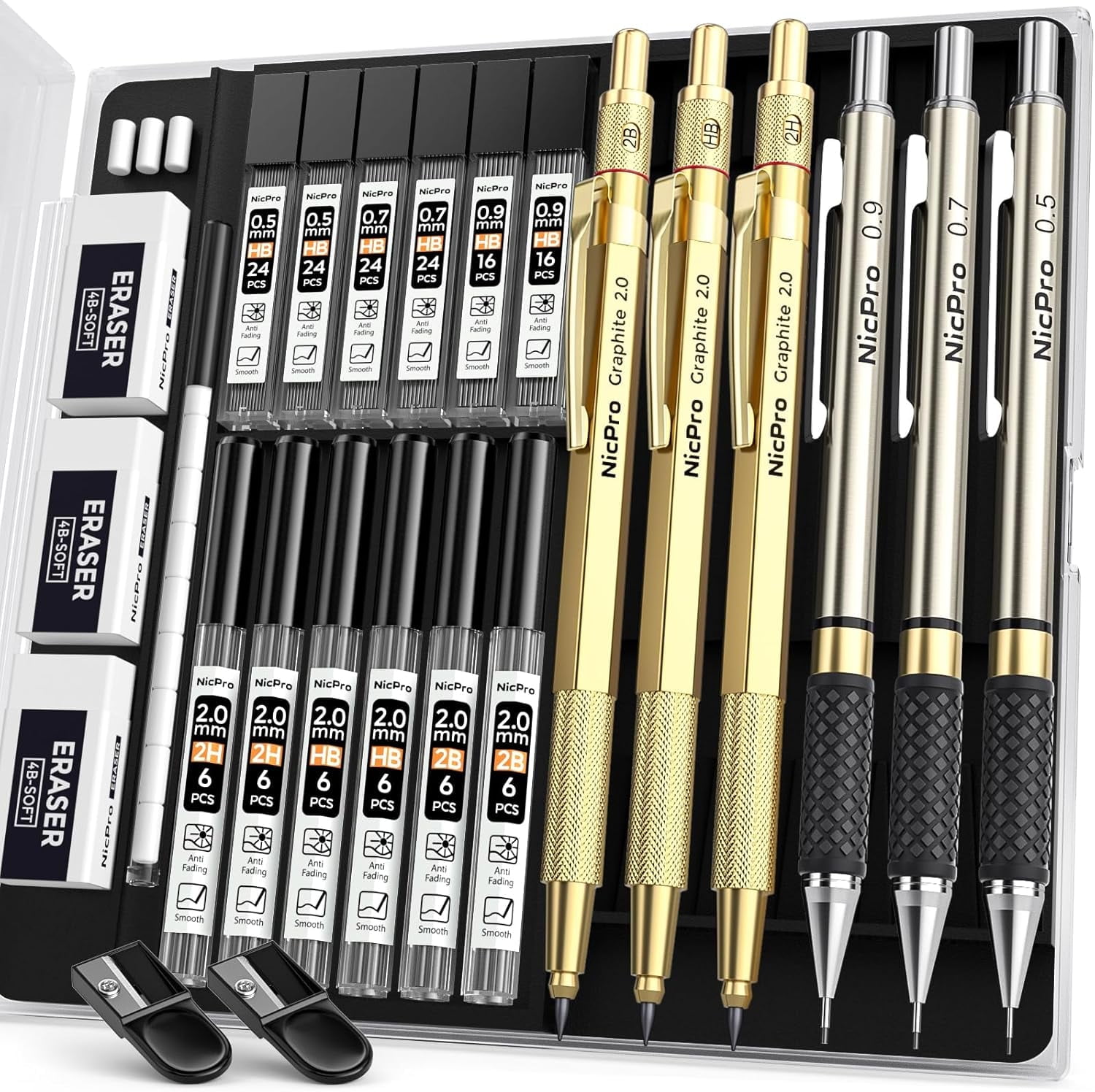 NicPro Gold Art Mechanical Pencil Set, 0.5mm, 0.7mm, 0.9mm, 2.0mm