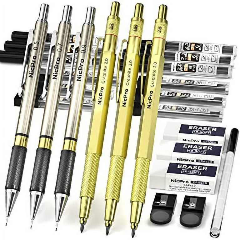Nicpro Gold Mechanical Pencils Set, 3 PCS Metal Drafting Pencil 0.5 mm &  0.7 mm & 0.9 mm & 3 PCS 2mm Graphite Lead Holder (2B HB 2H) For Writing
