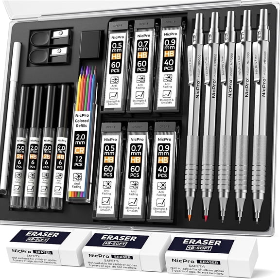 Nicpro 5 Pcs Metal Mechanical Pencils Set, Artist Drafting Pencil 0.5 & 0.7 & 0.9mm & 2Pcs 2mm Graphite Lead Holder(4B 2B HB 2H) with Lead Refills, Erasers - Silver