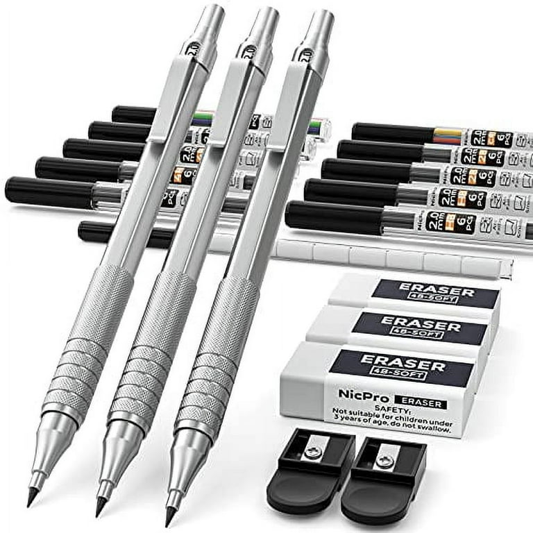  Nicpro 6PCS Art Mechanical Pencils Set, 3PCS Metal Drafting  Pencil 0.5 mm & 0.7 mm & 0.9 mm & 3PCS 2mm Graphite Lead Holder (2B HB 2H)  For Writing, Sketching