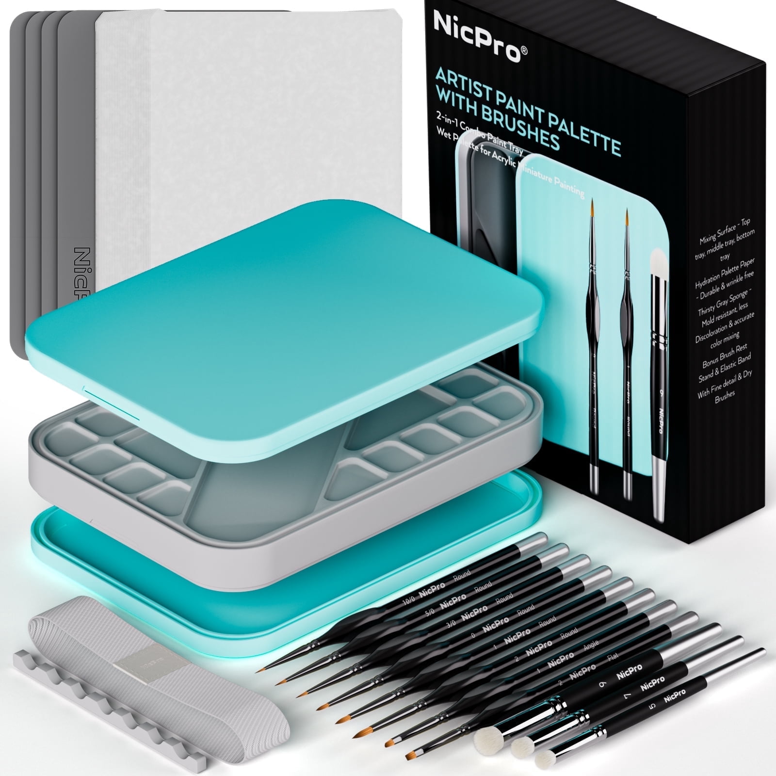 Nicpro Miniature Painting Kit with Wet Palette & 11PCS Detail Paint Brushes Drybrush, 100PCS Wet Pallet Paper, 4PCS Sponge, Brush Holder Mixing Paint Saver Palette for Model Painting