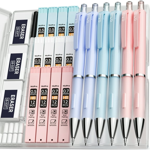 Nicpro Pastel Mechanical Pencils with Refills Erasers Erasers, 0.5mm 0.7mm, HB, 6 Count
