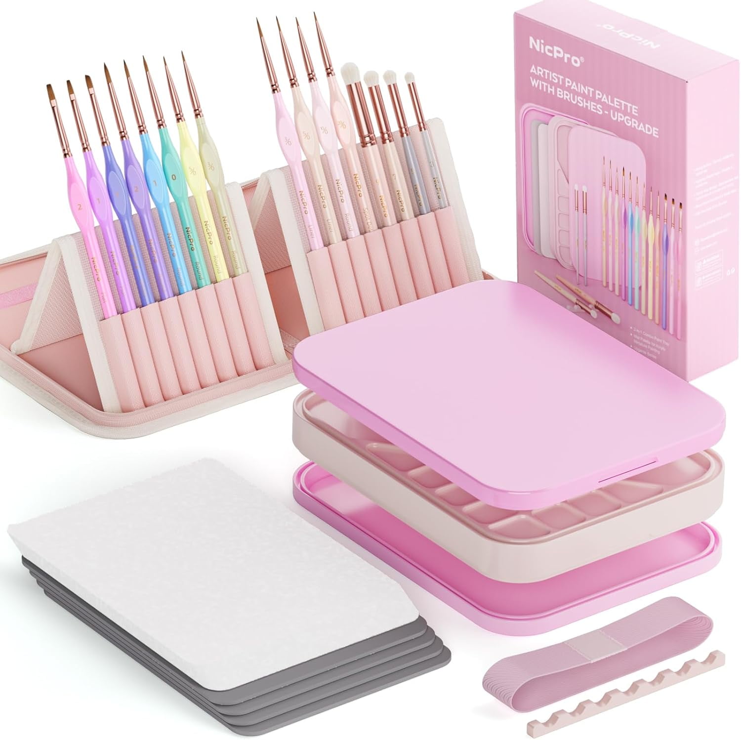 Nicpro Aesthetic Miniature Painting Kit, Stay Wet Palette & 16PCS Detail Paint Brushes Drybrush with Bag, Pallet Paper, Sponges, Mixing Paint Saver Palette for Acrylic, Paint by Numbers, Cute Figures