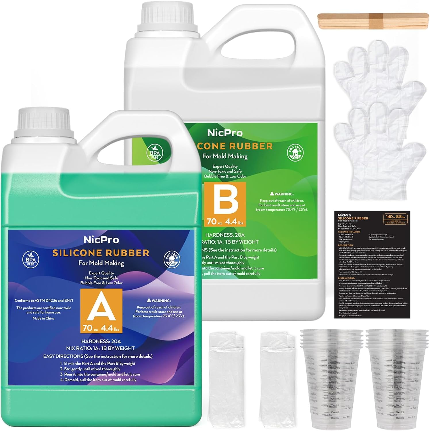 Nicpro Silicone Mold Making Kit 20A, 8.8lbs (140 oz) Jade Green 3D Silicone Rubber Mold Making, Strong & Food Safe for Casting Resin, Soap, Candle, Clay, DIY Silicone Molds with Gloves,Sticks, Cups