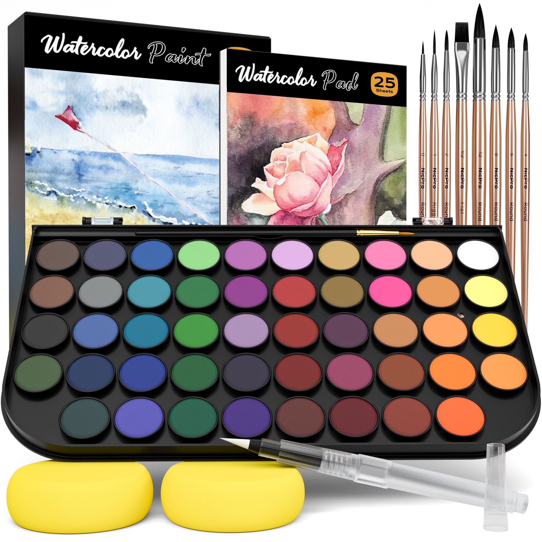 Nicpro Watercolor Paint Set, 48 Water Colors Kit with 8 Painting Brushes, Palette, Watercolor Pen, 25 Art Pad Paper, 2 Art Sponges, Non-toxic Painting Supplies