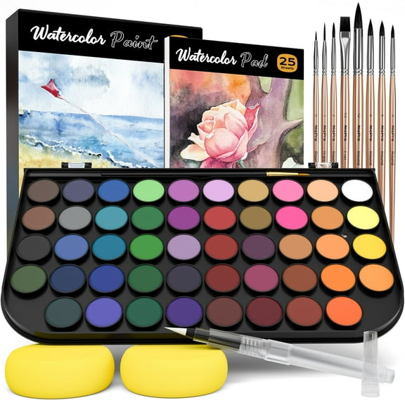 Nicpro Watercolor Paint Set, 48 Water Colors Kit with 8 Painting Brushes, Palette, Watercolor Pen, 25 Art Pad Paper, 2 Art Sponges, Non-toxic Painting Supplies