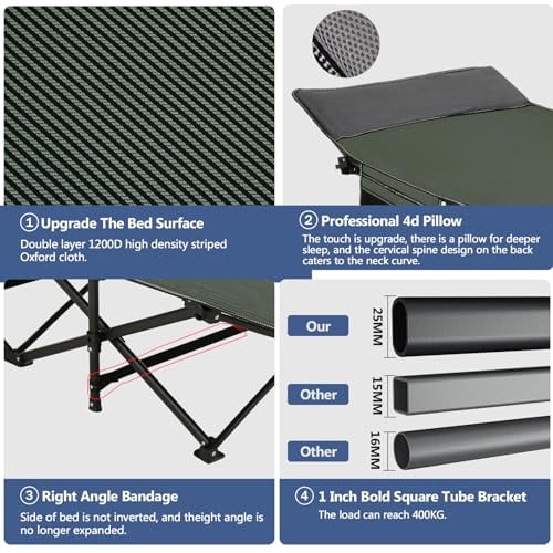 Nictemaw Camping Cots with Mattress Sleeping Cots for Adults 900lbs Double Layer Oxford Portable Folding Cots, Lightweight, Stable, Durable, Outdoor, Home, Office, Green Stripes