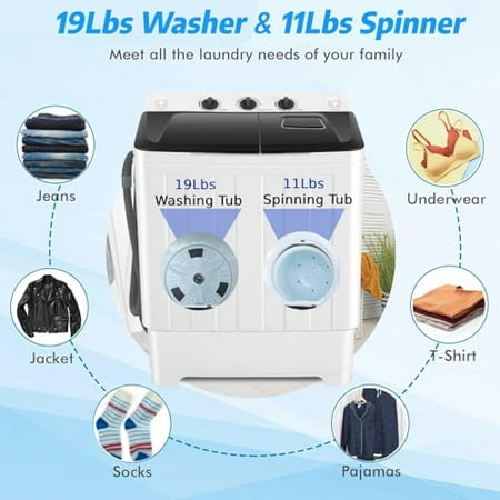 Nictemaw Portable Washing Machine 30Lbs Capacity Washer and Dryer Combo 2 In 1 Compact Twin Tub Laundry Washer (19Lbs) & Spinner (11Lbs) with Built-in Drain Pump, Time Control, for