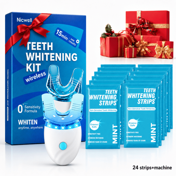 Nicwell Teeth Whitening Kit with 24 Whitening Strips,LED Blue Light Accelerator, Wireless, Portable, Gentle Yellow Stain Removal for Home, TravelDates,Business Trips, Father's Day/Birthday Gift