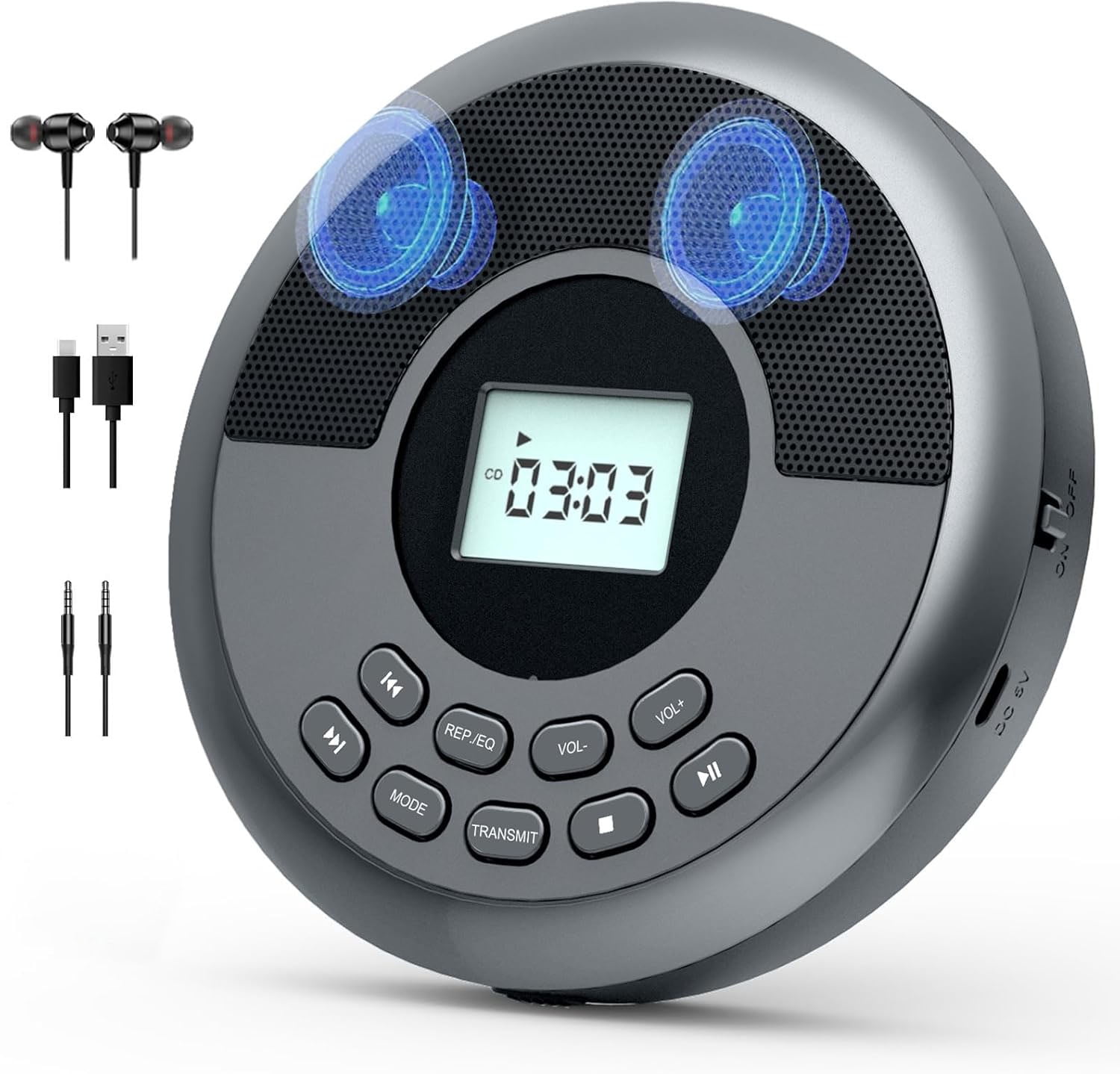 Nidemao Portable CD Player with Speaker and Bluetooth: Rechargeable Walkman with Headphones, Shockproof - Supports CD/MP3/USB - Personal/Travel/Music/Audiobooks