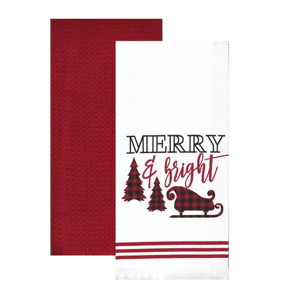 Nidico 2-Piece Christmas Towels, Buffalo Plaid Sleigh White Woven and Solid Red Waffle