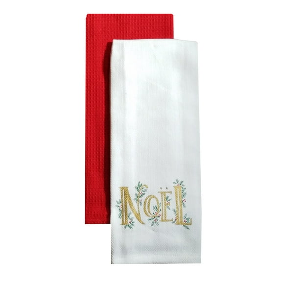 Nidico Christmas Kitchen Towels, Noel Woven and Solid Red Oversized 16" x 28", 2 Piece Set