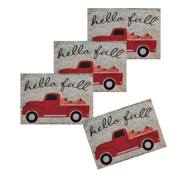 Nidico Fall Placemats, Set of 4, Brown Woven Cloth Table Mats Vintage Red Truck Pumpkins 13 x 19