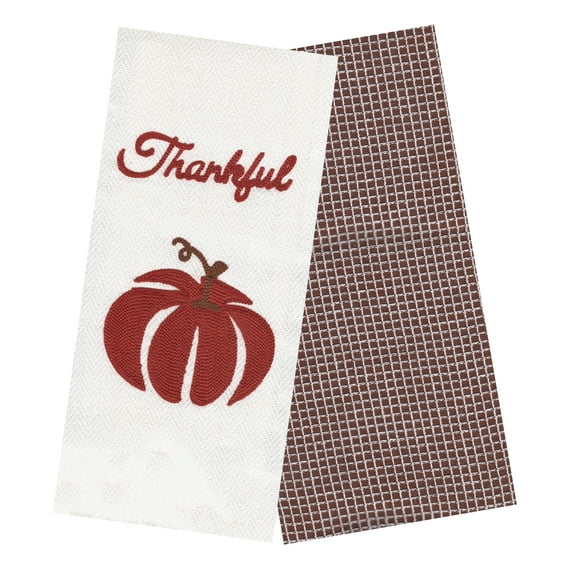 Nidico Thanksgiving Kitchen Dish Towels, Cotton Towel Set 2-Pack, Fall Colors Stitched Pumpkin 15x25