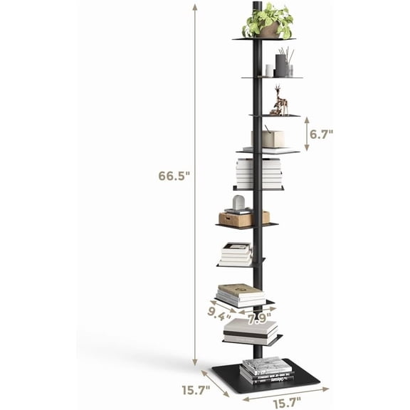Nidouillet 9-Tier Metal Spine Bookshelf, Adjustable Vertical Tower for Books, Tall & Narrow Ladder Bookcase, Space-Saving Multipurpose Corner Storage Shelf, Display Stand, Tool-Free Assembly, Black