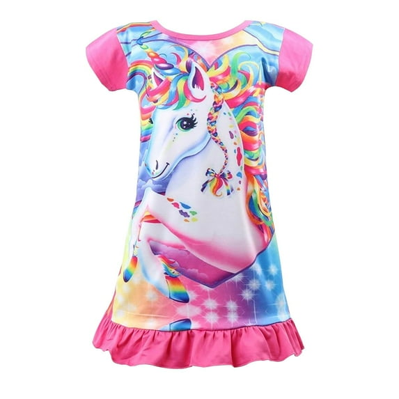 Nidoul Girls Nightgowns Unicorn Sleepwear Nightie Night Dress Short Sleeve Nightgown for Kids Sizes 4-8 Years