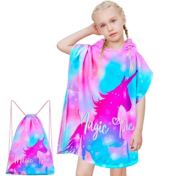 Nidoul Kids Hooded Towels for Girls, Unicorn Hooded Beach Towel for Kids, Soft & Absorbent Cotton Kids Poncho Towels for 3-8 Years, 24"x24"