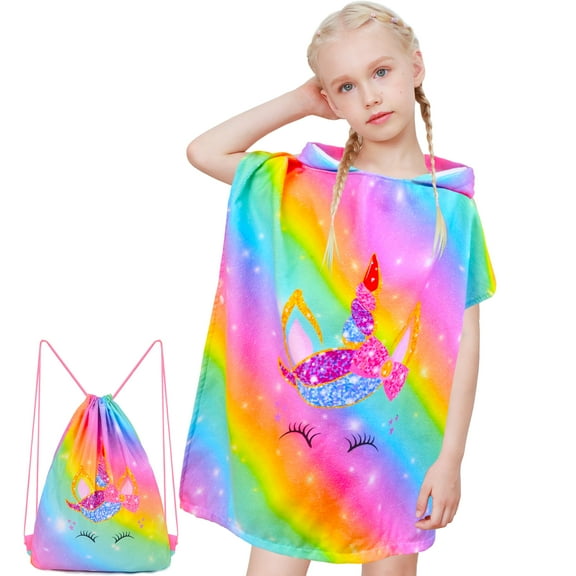 Nidoul Kids Hooded Towels for Girls, Unicorn Hooded Beach Towel for Kids, Soft & Absorbent Cotton Kids Poncho Towels for 3-8 Years, 24"x24"