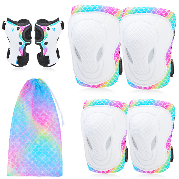 Nidoul Knee Pads for Kids Elbow Pads Wrist Guards, 7 in 1 Protective Gear Set with Drawstring Bag for Girls Boys Skateboard Roller Skating Scooter Cycling, 3-8 Years, Mermaid