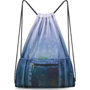 Nidoul Mesh Drawstring Bag with Zipper Pocket, Beach Bag for Swimming Gear Backpack Gym Storage Bag for Adult Kids Girls