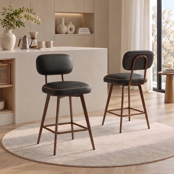 Nidovia 360 Swivel Bar Stools Set of 2, 25" Counter Height Barstools with Back, Modern Retro Upholstered Faux Leather Island Chairs for Kitchen Dining Room, Heavy-Duty Metal Frame, Black