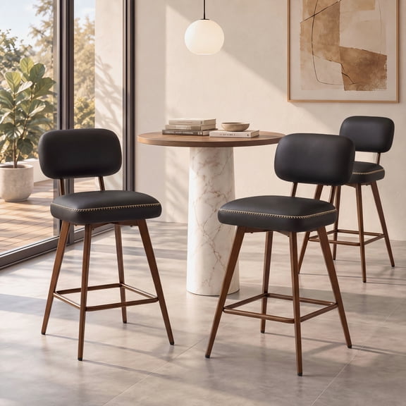 Nidovia 360 Swivel Bar Stools Set of 3, 25" Counter Height Barstools with Back, Modern Retro Upholstered Faux Leather Island Chairs for Kitchen Dining Room, Heavy-Duty Metal Frame, Black