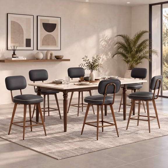 Nidovia 360 Swivel Bar Stools Set of 6, 25" Counter Height Barstools with Back, Modern Retro Upholstered Faux Leather Island Chairs for Kitchen Dining Room, Heavy-Duty Metal Frame, Black