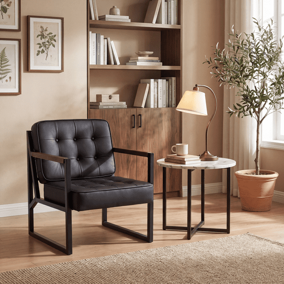 Nidovia Accent Chair for Living Room, Modern Faux Leather Armchair with Metal Frame & Wood Armrests, Tufted Upholstered Comfy Lounge Club Chair for Bedroom, Office and Small Spaces, Black