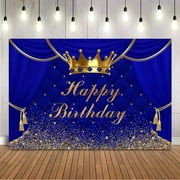 Niebieski Curtrain urodziny tło złota korona szczęśliwy tło na urodziny rekwizyty fotograficzne nowonarodzone dzieci baner urodzinowy rekwizyty
