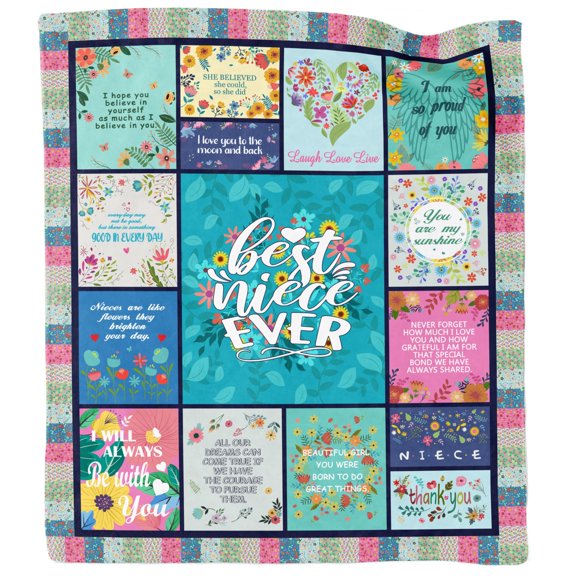 Niece Gift Blanket, 60" x 50", Best Niece Ever Floral Throw Blanket, Inspirational Gift for Niece from Aunt Uncle, Birthday Christmas Graduation Gift for Her