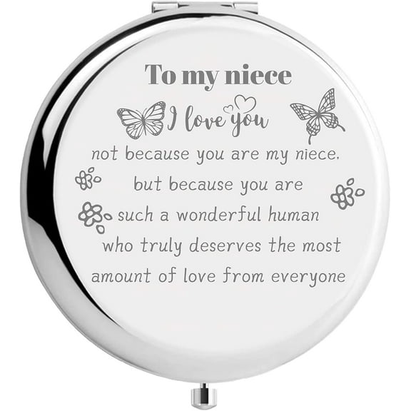 to My Niece Gifts Makeup Mirror Butterfly Travel Compact Pocket Mirror Two-Sided Folding Gift from Aunt and Uncle for Women Girls Graduation Birthday Wedding Christmas Ideas Silver White