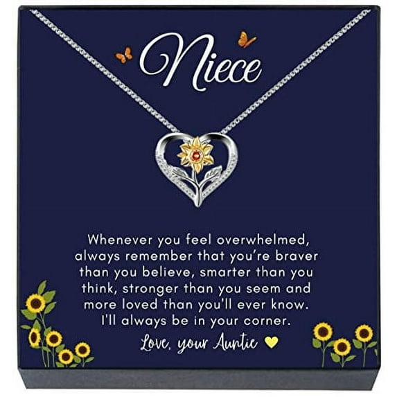 Niece Necklace Jewelry Gift from Aunt or Auntie ''You Are Braver, Smarter, Stronger, Loved" Sunflower Sunshine Heart Necklace for Teens, Women, Birthday, Graduation, Sweet 16