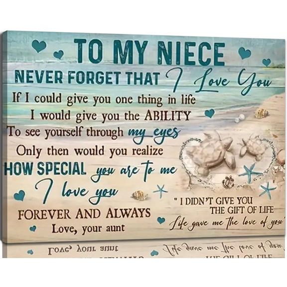 To My Niece Never Forget That I Love You Framed Canvas Wall Art - Aunt To Niece Sentimental Quote Print With Sea Turtle Beach Design For Home Decor 8*12inch(20*30cm)