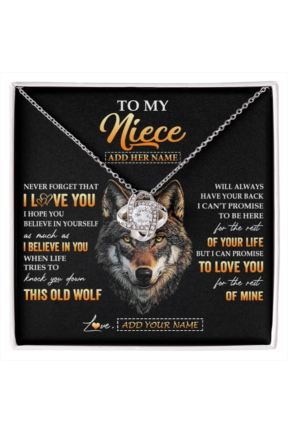 Niece Old Wolf Love Necklace, Gold Love Knot Necklace