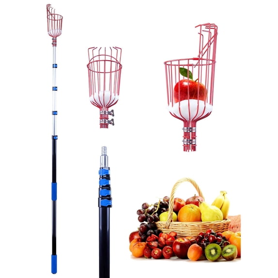 Niepce Inc Fruit picker with a 13-foot basket, featuring a 20-foot high reach and a convenient extension pole for easy attachment to fruits trees