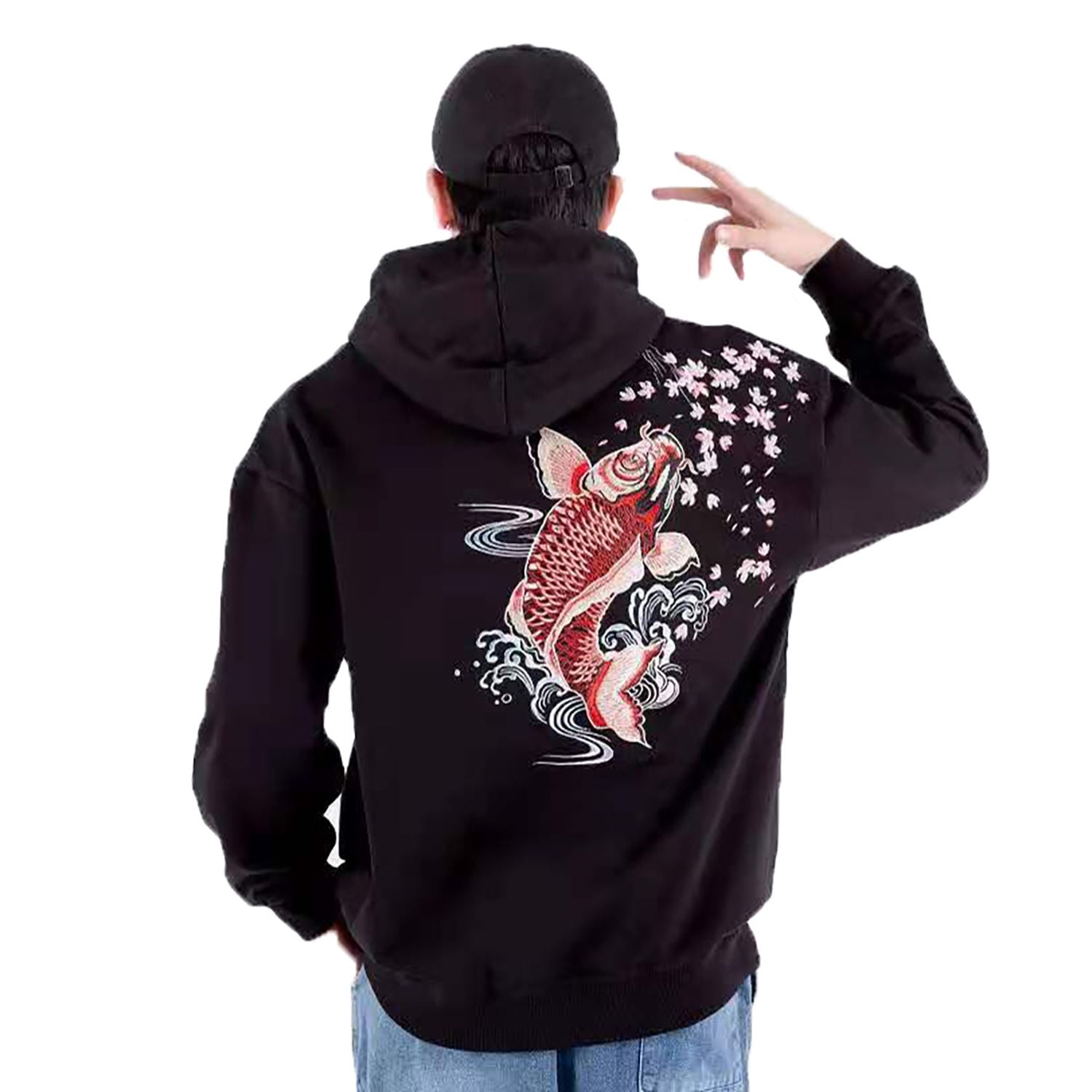 Niepce Inc Japanese Fashion Hooded Sweatshirt Men Koi Fish Embroidery Hoodie  Streetwear Cotton Tops 