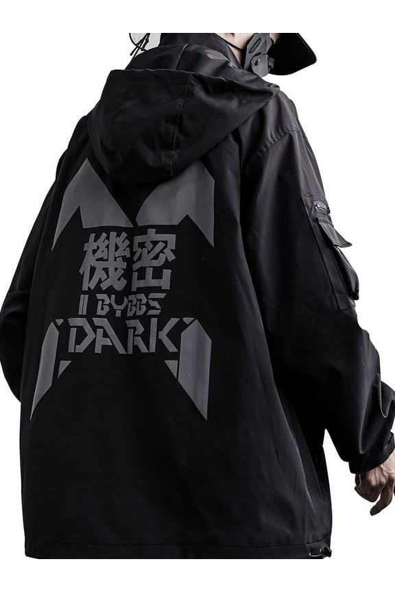 Inc Japanese Streetwear Kanji Techwear Black Turtleneck Hooded Jacket (Men's)