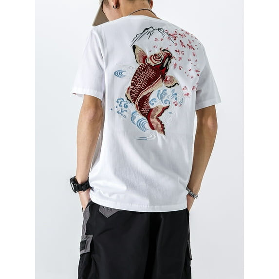 Niepce Inc Japanese Streetwear Red Fish Graphic Embroidery T-shirts (Men's)