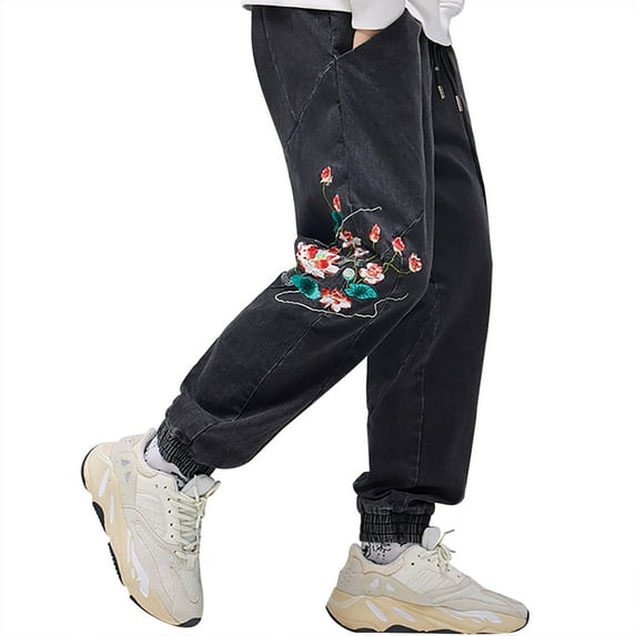 Niepce Inc Japanese Streetwear Urban Flower Embroidery Denim Black Jean Jogger Pants (Men's)