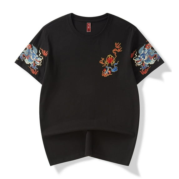 Niepce Inc Streetwear Dragon Embroidery T-shirt Japanese Summer Casual Black Short Sleeves Tee