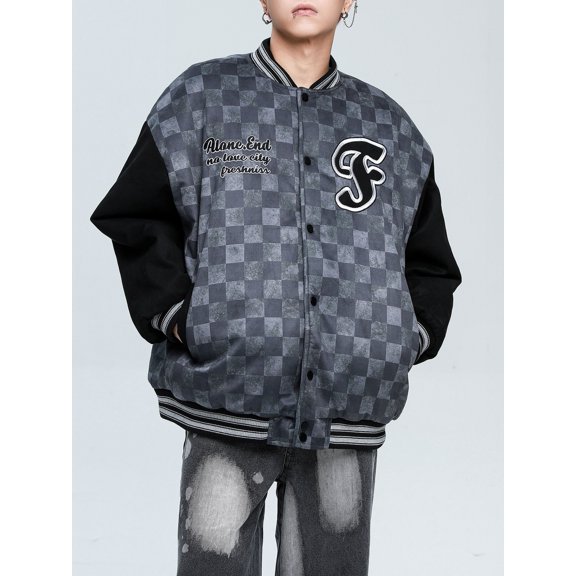 Niepce Inc Streetwear Urban Embroidery Grid Pattern Baseball Jacket (Men's)