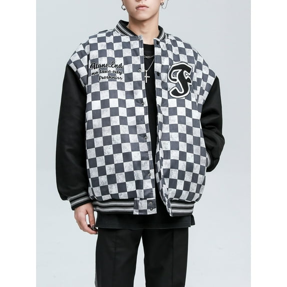 Niepce Inc Streetwear Urban Embroidery Grid Pattern Baseball Jacket (Men's)
