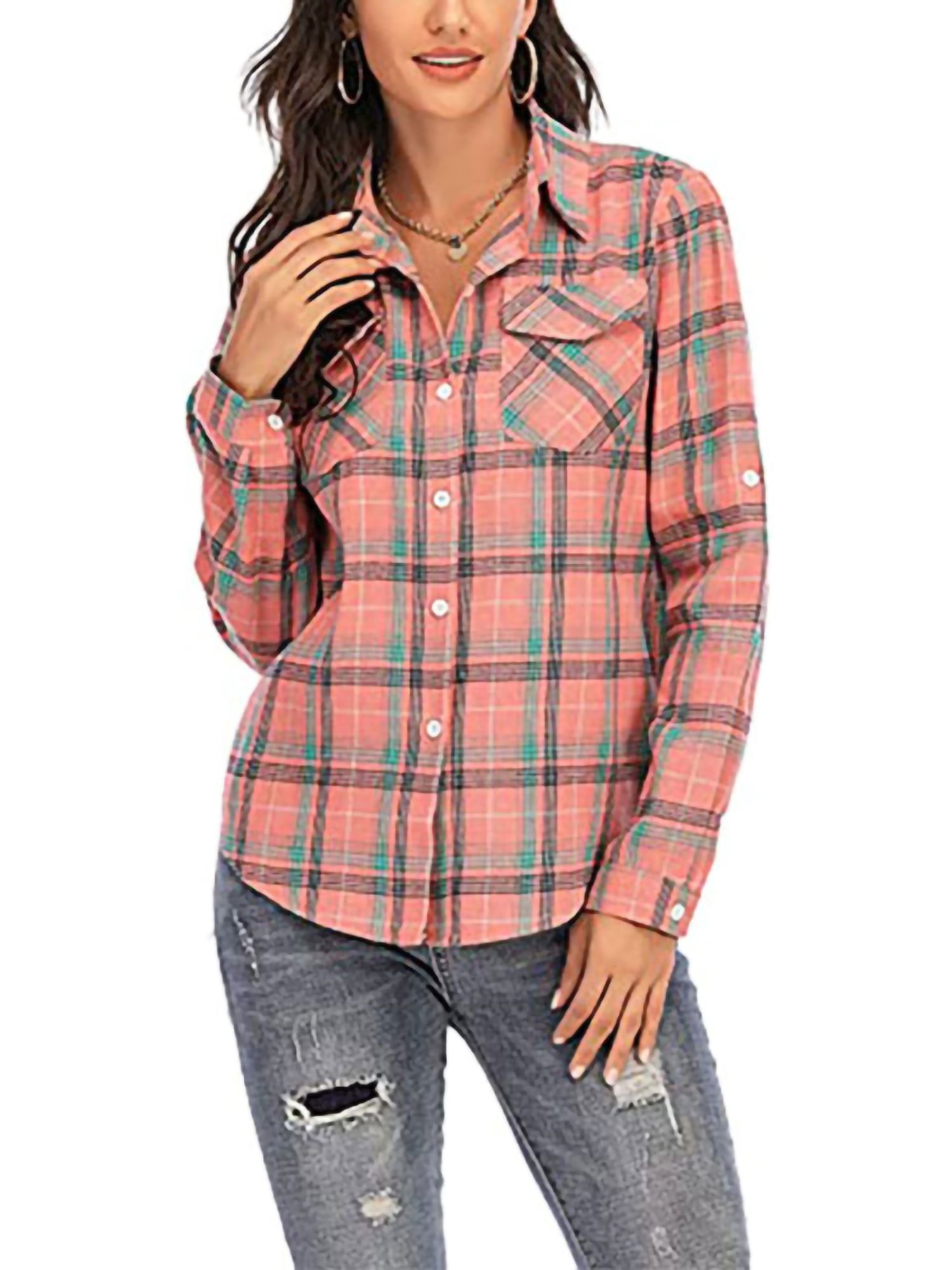 Women Long Sleeve Loose Fit Plaid Casual Blouse Shirt main image 1