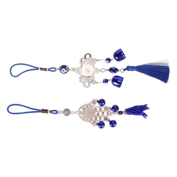 Nieyigj 2Pcs Hamsa Evil Eye Hanging Ornament Fringe Bell Design Retro Exquisite Vibrant Colors Blue Lucky Eye Hand Amulet for Car Office Family Wall Decor (10.3-11.9 inches / 26.1-30.2 cm)