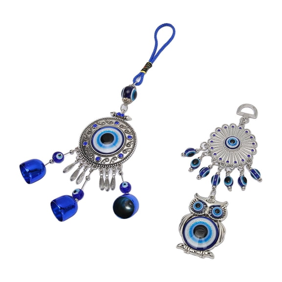 Nieyigj 2pcs Blue Eye Owl Ornament Good Luck Attract Wealth Fashionable Car Mirror Decor Hanging for Wall Bed Posts Window (10.2 inches / 25.8 cm)