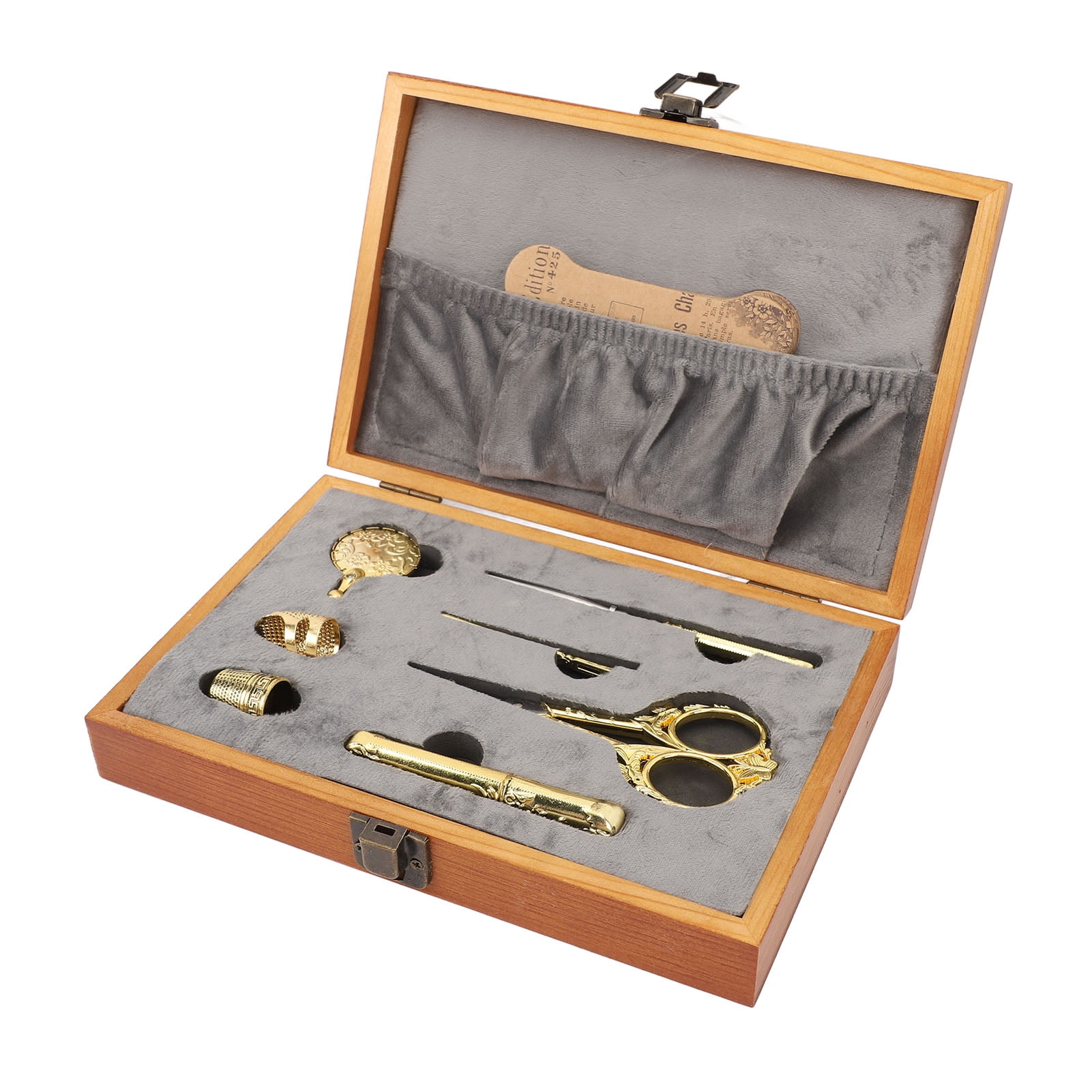 Nieyigj 30Pcs Vintage Sewing Box Wooden Multifunctional Sewing Kit Set with Shear Thread Cutter Thimble and Copper Needle Tube for Home Travel DIY Crafting - 9.45x7.09x1.97 inches / 24x18x5 cm