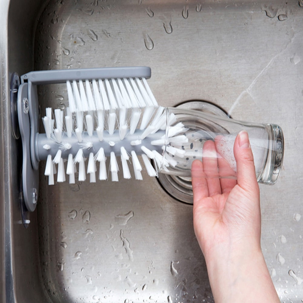 Nieyigj 360 Degree Rotating Glass Cup Brush Cleaner Washer with 3 Suction Cups, Double Sided Bristle Kitchen Cleaning Tool for Bottles and Cups, 6.89 x 5.51 inches