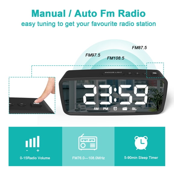 Nieyigj 5.1 Inches / 12.95 cm Digital Alarm Clock Radio with Mirror Display, 3 Levels Dimmer, FM Radio, Adjustable Volume, USB or Battery Powered, Snooze Function for Bedroom Bedside Desk in Black