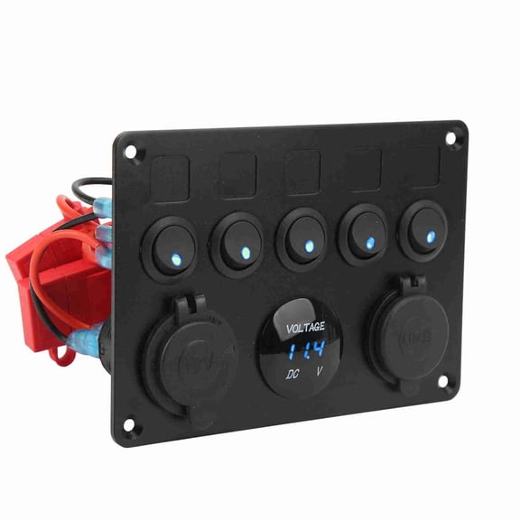 Nieyigj 5 Gang Switch Panel Waterproof 12-24V LED Rocker Switch Panel with Digital Voltmeter Backlit for Marine Boat RV Trailer Truck Vehicles, Blue (6.3 inches / 16 cm)